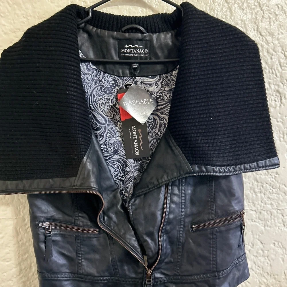 MontanaCo women’s vest faux leather cowl neck black size small new with‎ tags